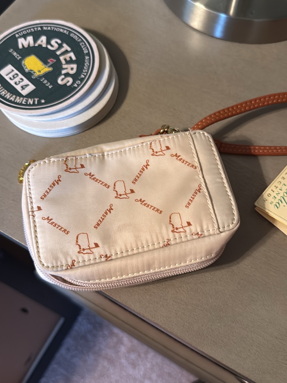 Masters Cream Wristlet with Tan Logo Print and Strap - Small Zip Pouch